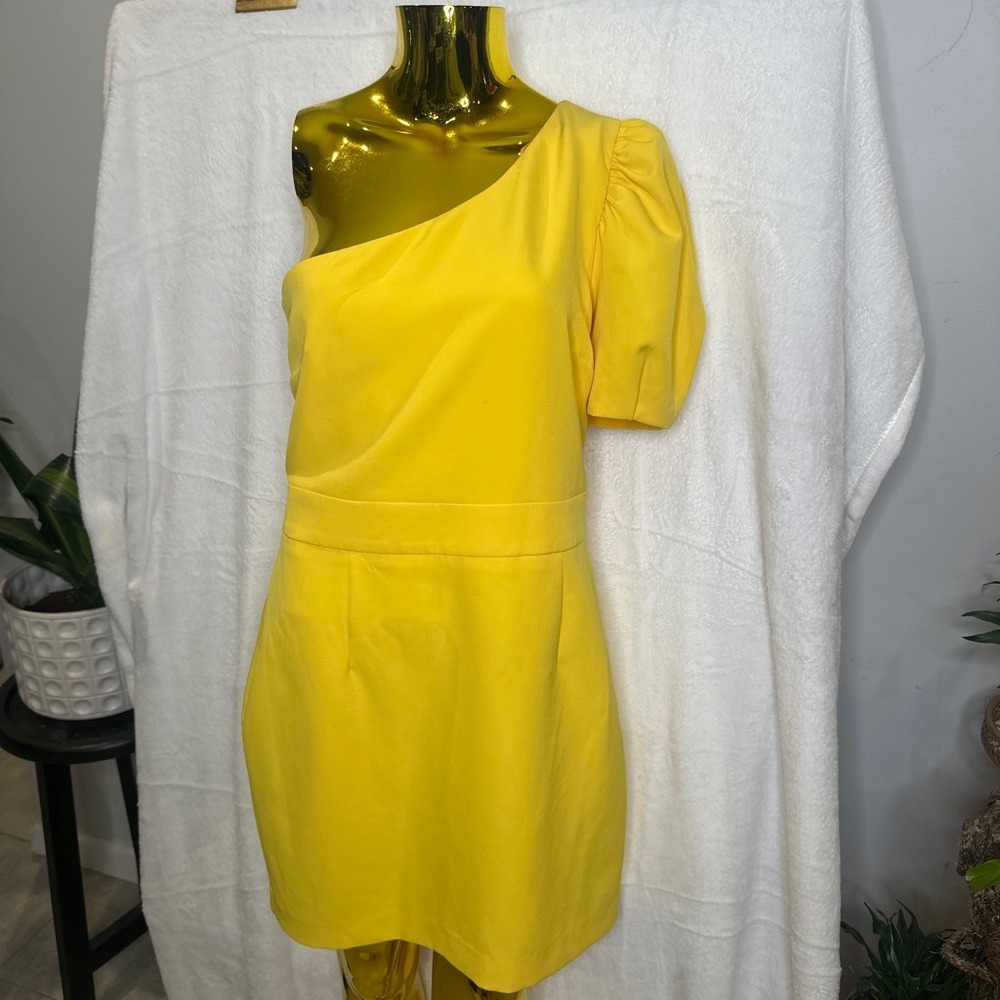 Y2k Dopamine Zara Basic Bold Yellow One Shoulder Puff Sleeve Mini Dress LARGE